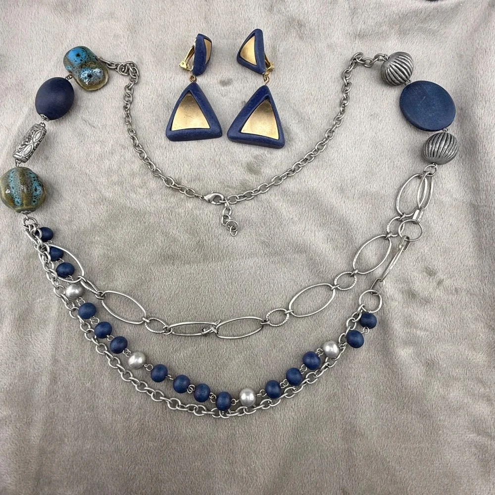 Estate Jewelry Set Blue Necklace Clip On Earrings Geometric Layered 34